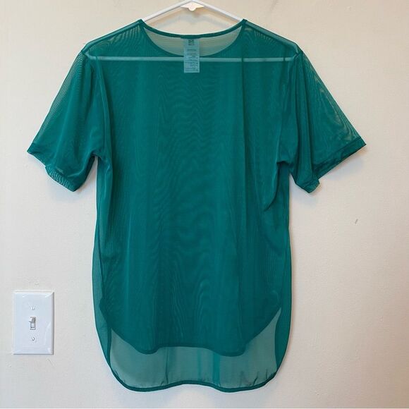 WOLFORD Sheer Tulle Mesh Short Sleeve T-Shirt Blouse Dark Jade Green Sz Small - Picture 10 of 11